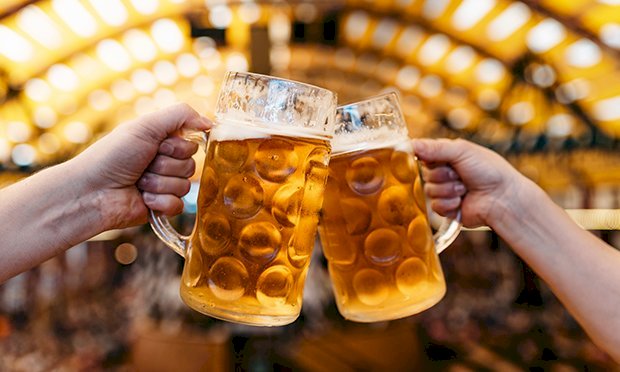 guys clinking their beer steins together in on a stag do bottomless beer brunch