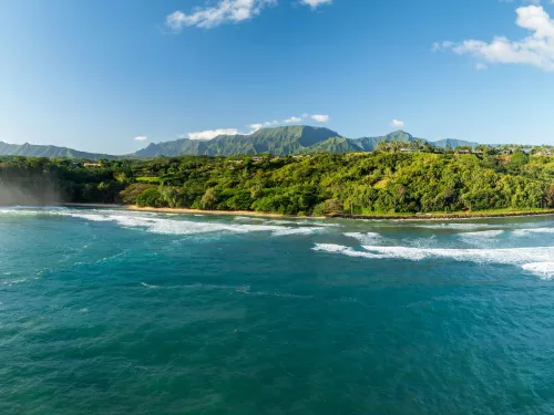 Aerial view of Anini and Kalihiwai beaches on the north coast of Kauai
