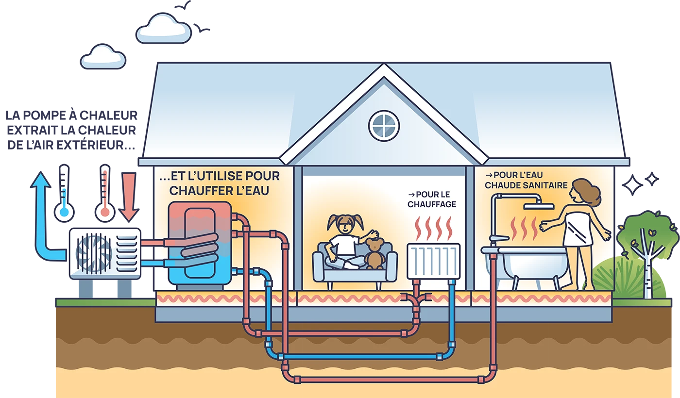 Schéma de fonctionnement d'une pompe à chaleur air-eau : captation de l'air extérieur, transfert de chaleur au circuit de chauffage et diffusion dans le logement