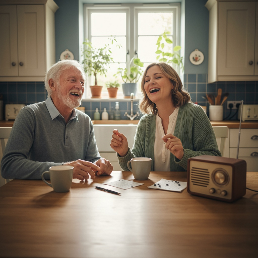 Elderly man laughing with friendly carer over tea and music in a bright, homely kitchen – companionship visits that bring joy and connection – Your Care Bristol.