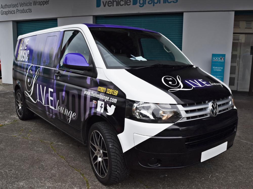 Live Lounge van wrap on Volkswagen Transporter outside Popin in Cardiff.