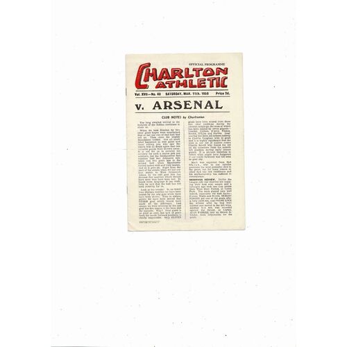 1949/50 Charlton Athletic v Arsenal Football Programme