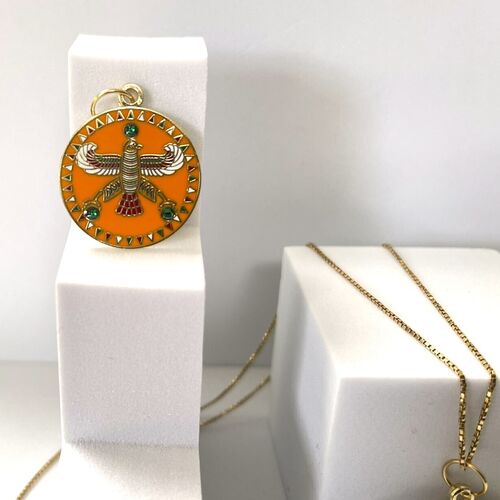 Round Pendant. The Persian Falcon. Deep Orange with 3 Green Stones.