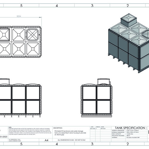 PW.3X2X2.TIF.AB - 14,560 LITRE SECTIONAL WATER TANK, TOTALLY INTERNALLY FLANGED (TIF) C/W FVH