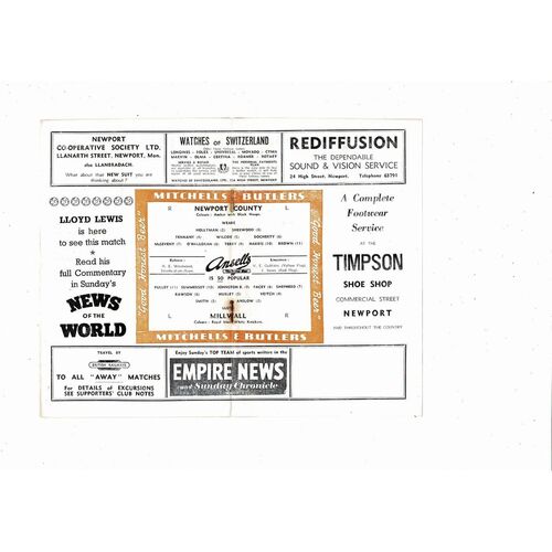 1957/58 Newport County v Millwall Football Programme