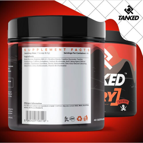 Tanked Fury Extreme Pre-Workout Powder Red Berry - 260g (40 Servings)
