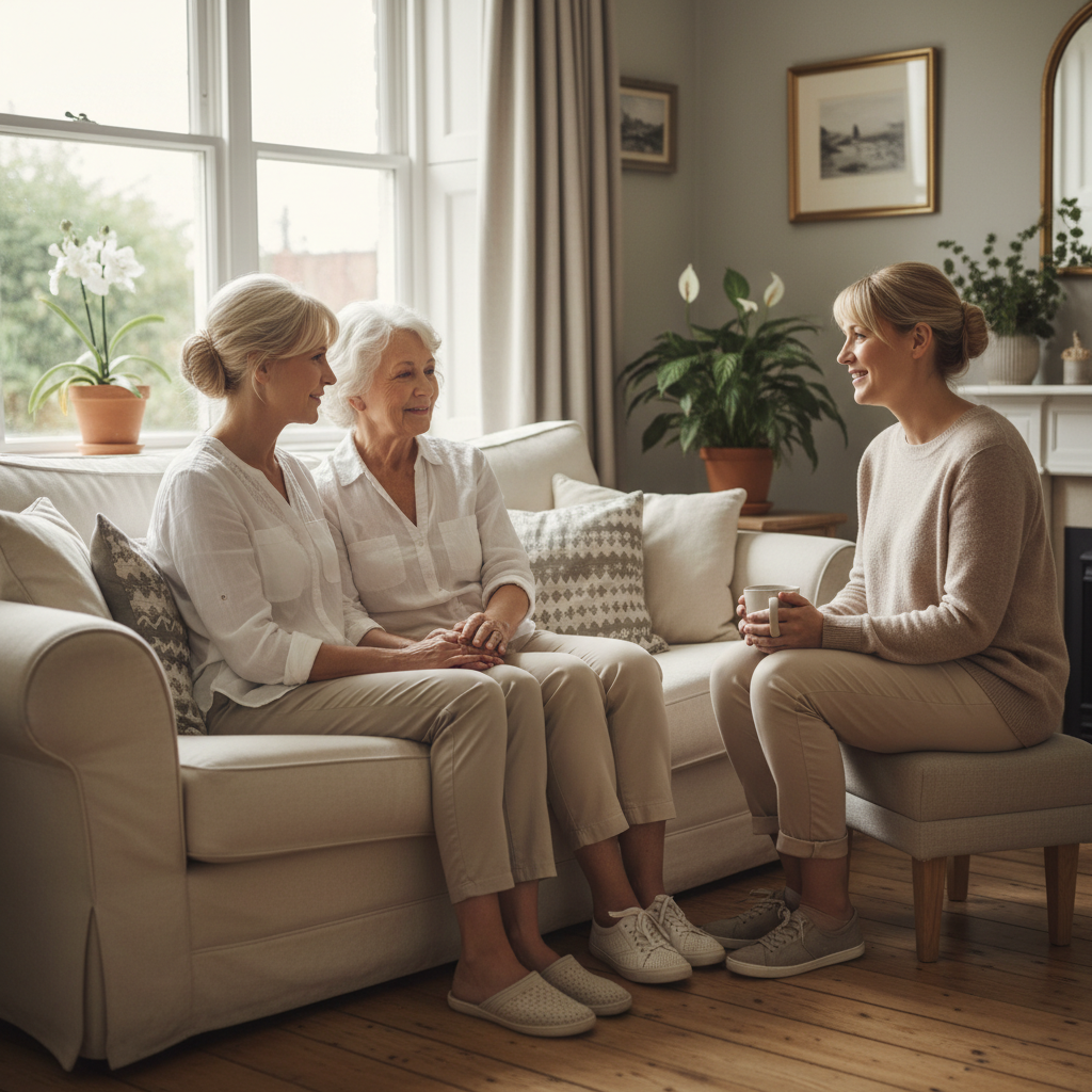 Elderly mum Evelyn and adult daughter Dawn sitting together on a sofa in the same cosy UK living room style as the main image, holding hands while a casually dressed carer sits nearby with a cup of tea – a calmer moment showing how Help at Home now protects both of them.
