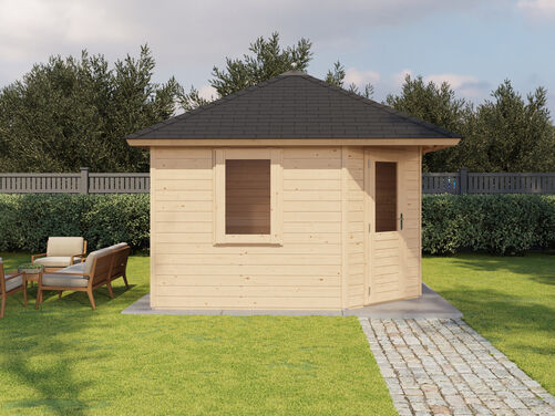 3.6mtr x 3.6mtr 44mm walled Pyramid Roof Cabin