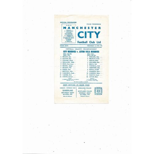 Manchester City v Aston Villa Central League Football Programme 1969/70