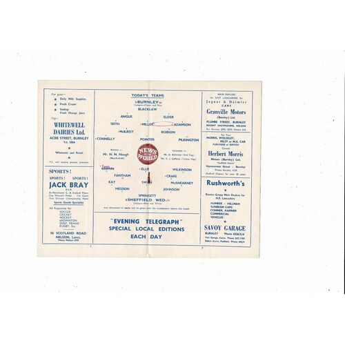 1959/60 Burnley v Sheffield Wednesday Football Programme