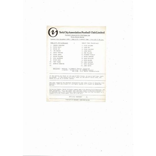 York City v Dudley Town FA Cup Replay Football Programme 1976/77