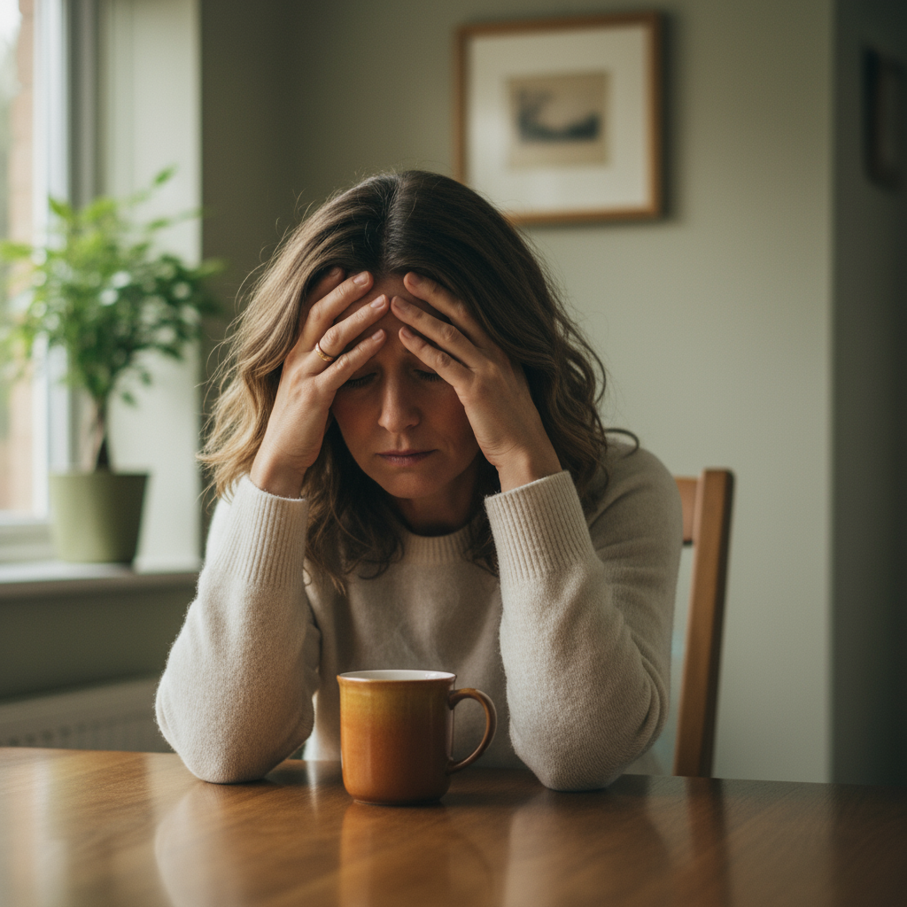 Close-up of adult daughter Dawn sitting at a wooden dining table in a bright UK home, leaning forward with her head in her hands beside a warm-toned mug, wearing a neutral jumper – a real, quiet moment of family carer burnout before getting Help at Home support from Your Care Bristol.