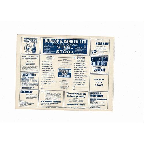 Leeds United v Rangers Fairs Cup Football Programme 1967/68