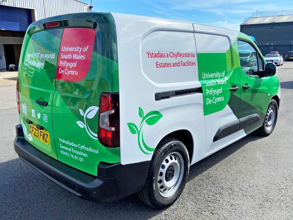 University of South Wales van wrap and graphics on rear end of Vauxhall Combo.
