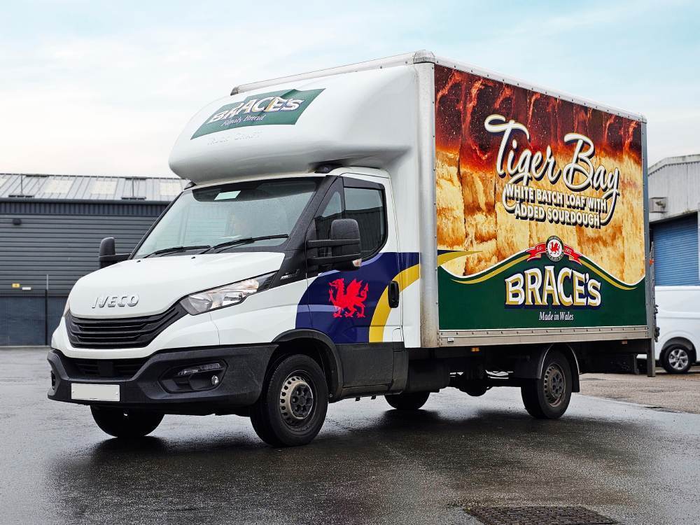 Brace's Bread branded vehicle wrap on an Iveco Daily Luton Box van.