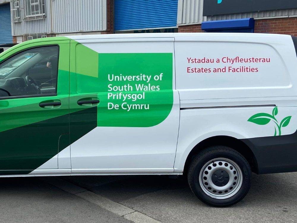 Mercedes eVito van with University of South Wales vehicle wrap and graphics,