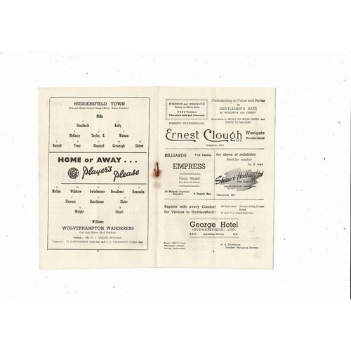 1953/54 Huddersfield Town v Wolves Football Programme