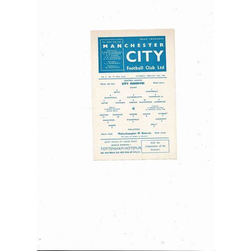 Manchester City v Wolves Central League Football Programme 1961/62
