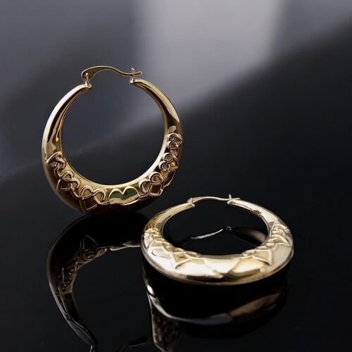 9ct gold creole hoops with heart pattern