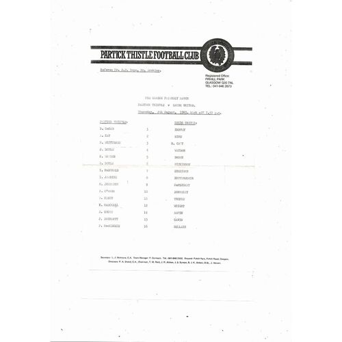 Partick Thistle v Leeds United Friendly Football Programme 1983/84