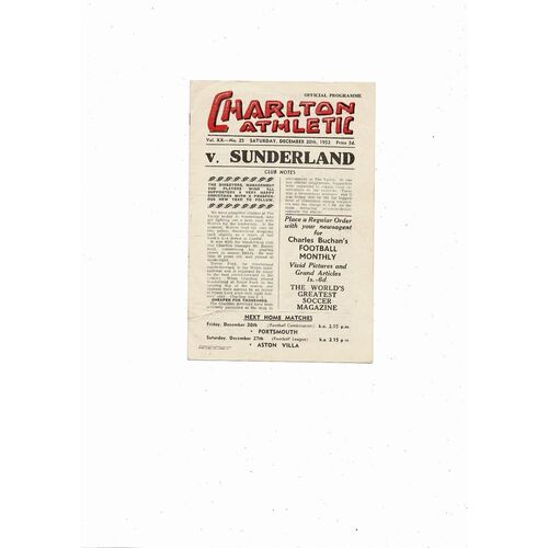 1952/53 Charlton Athletic v Sunderland Football Programme