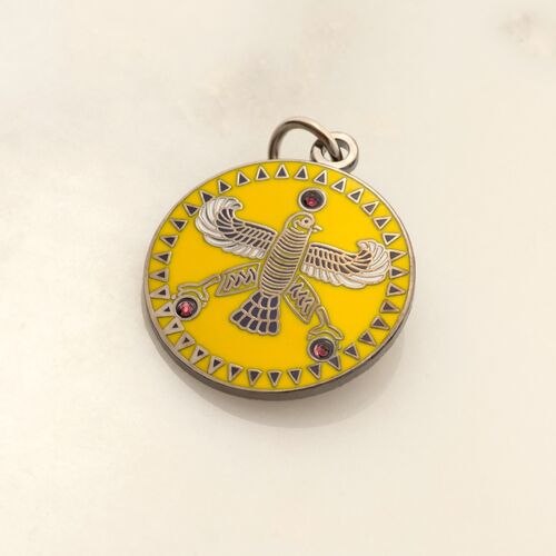 Round Pendant. The Persian Falcon. Deep Yellow with 3 White Stones.