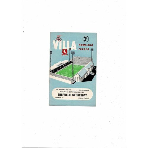 1961/62 Aston Villa v Sheffield Wednesday Football Programme