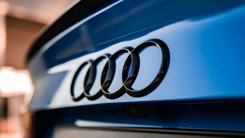 Audi badge on a blue car.