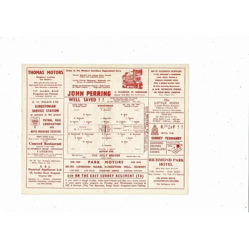 Kingstonian v Sutton United Surrey Senior Cup Football Programme 1959/60
