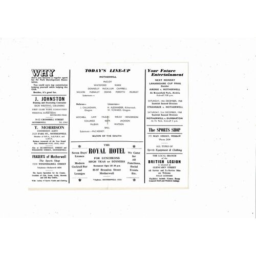 1968/69 Motherwell v Queens of the South Football Programme