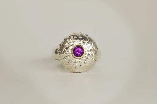 Sterling Silver Urchin Ring Set with Amethyst In 18K Gold Tube bezel