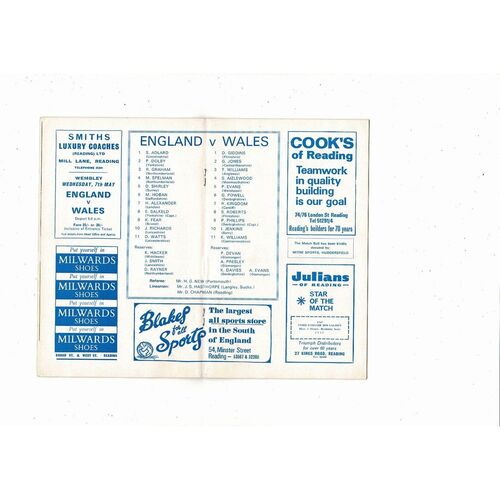1969 England v Wales Schools International Football Programme @ Reading