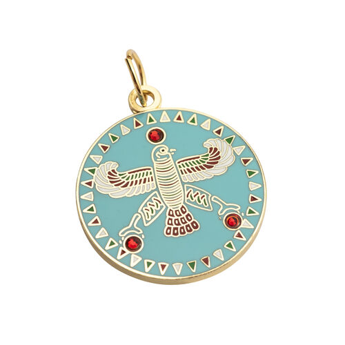 Round Pendant. The Persian Falcon.  Blue Turquoise with 3 Red Stones.