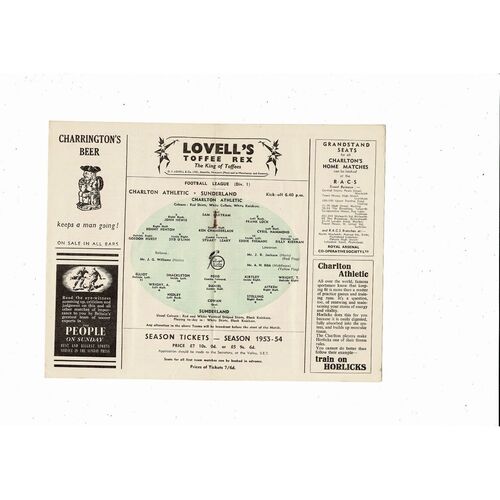 1953/54 Charlton Athletic v Sunderland Football Programme