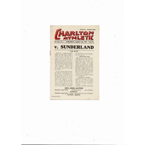 1953/54 Charlton Athletic v Sunderland Football Programme