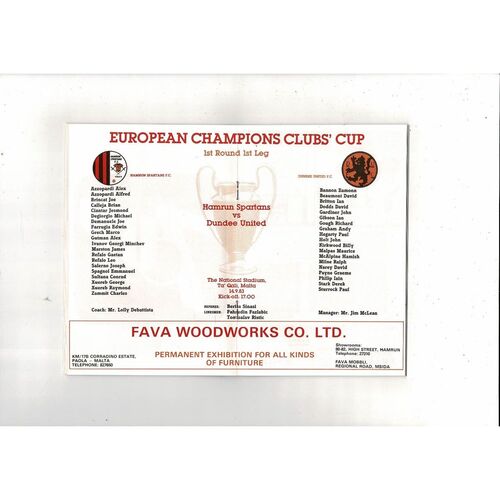 Hamrun Spartans v Dundee United European Cup Football Programme 1983/84