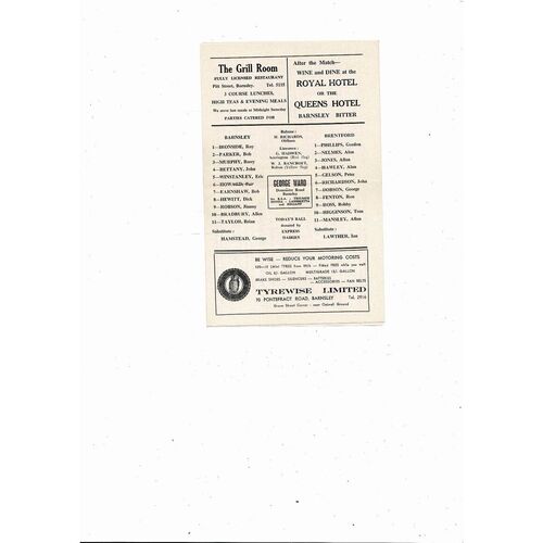 1967/68 Barnsley v Brentford Football Programme