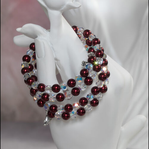 Memory Wire Bracelet with Crystal Pearls & Aurora Borealis Crystals