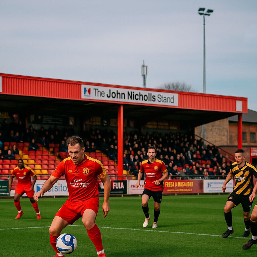 Football players in red and yellow kits during a match with First Choice Medical logo – professional football medical cover