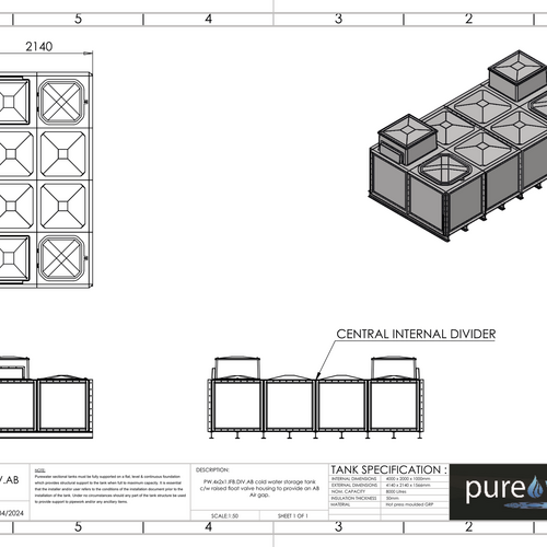 PW.2X2X2.IFB.DIV.AB(1+1) - 8000 LITRE SECTIONAL WATER TANK, INTERNALLY FLANGED BASE (IFB) C/W FVH