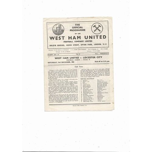 1955/56 West Ham United v Leicester City Football Programme