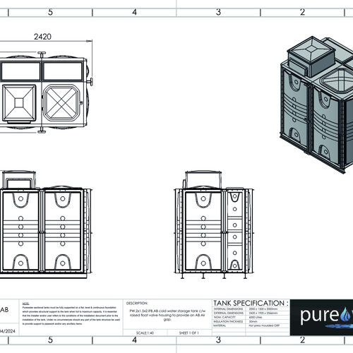 PW.2X1.5X2.IFB.AB - 6000 LITRE SECTIONAL WATER TANK, INTERNALLY FLANGED BASE (IFB) C/W FVH