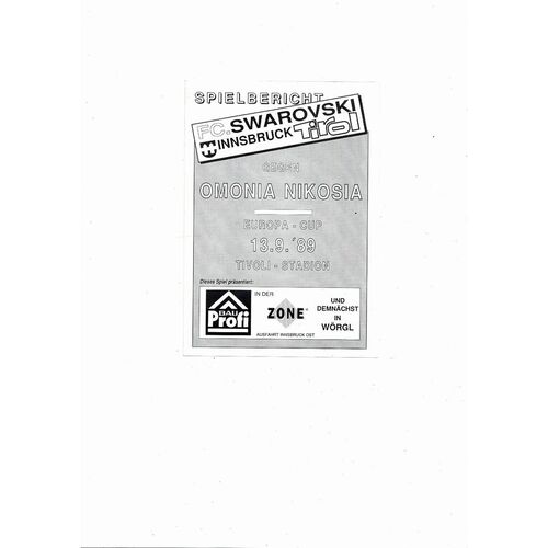 Swarovski Innsbruck Tirol v Omonia Nicosia European  Cup Football Programme 1989/90