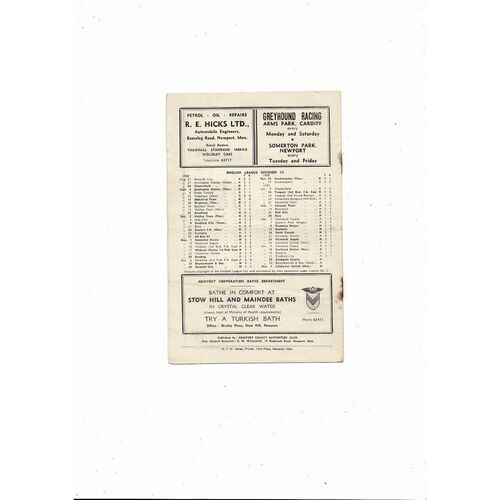 1958/59 Newport County v Stockport County Football Programme