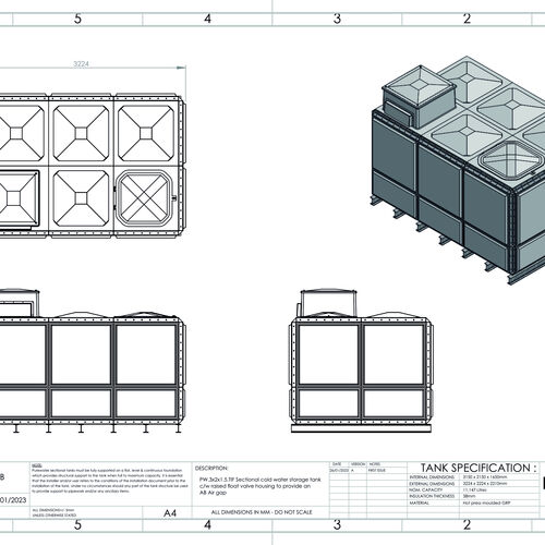 PW.3X2X1.5.TIF.AB - 11,174 LITRE SECTIONAL WATER TANK, TOTALLY INTERNALLY FLANGED (TIF) C/W FVH