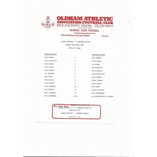 Oldham Athletic v Doncaster Rovers Central League Football Programme 1988/89