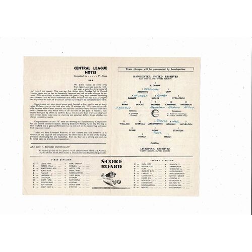 1962/63 Manchester United v Bury Central League Football Programme