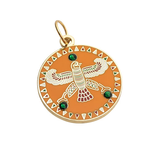 Round Pendant. The Persian Falcon. Deep Orange with 3 Green Stones.