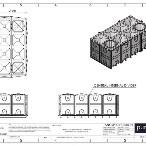 PW.4X2X1.5.IFB.DIV.AG(2+2) - 12000 LITRE DIVIDED SECTIONAL WATER TANK, INTERNALLY FLANGED BASE (IFB)