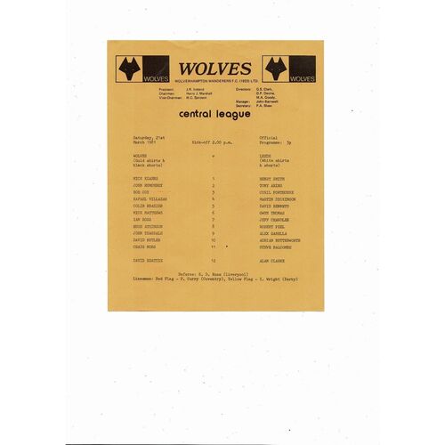 Wolves v Leeds United Central League Football Programme 1980/81